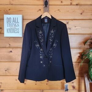 DLG NWT Black Pinstripe Floral Embroider Padded Blazer Jacket Stretch Plus Sz 16